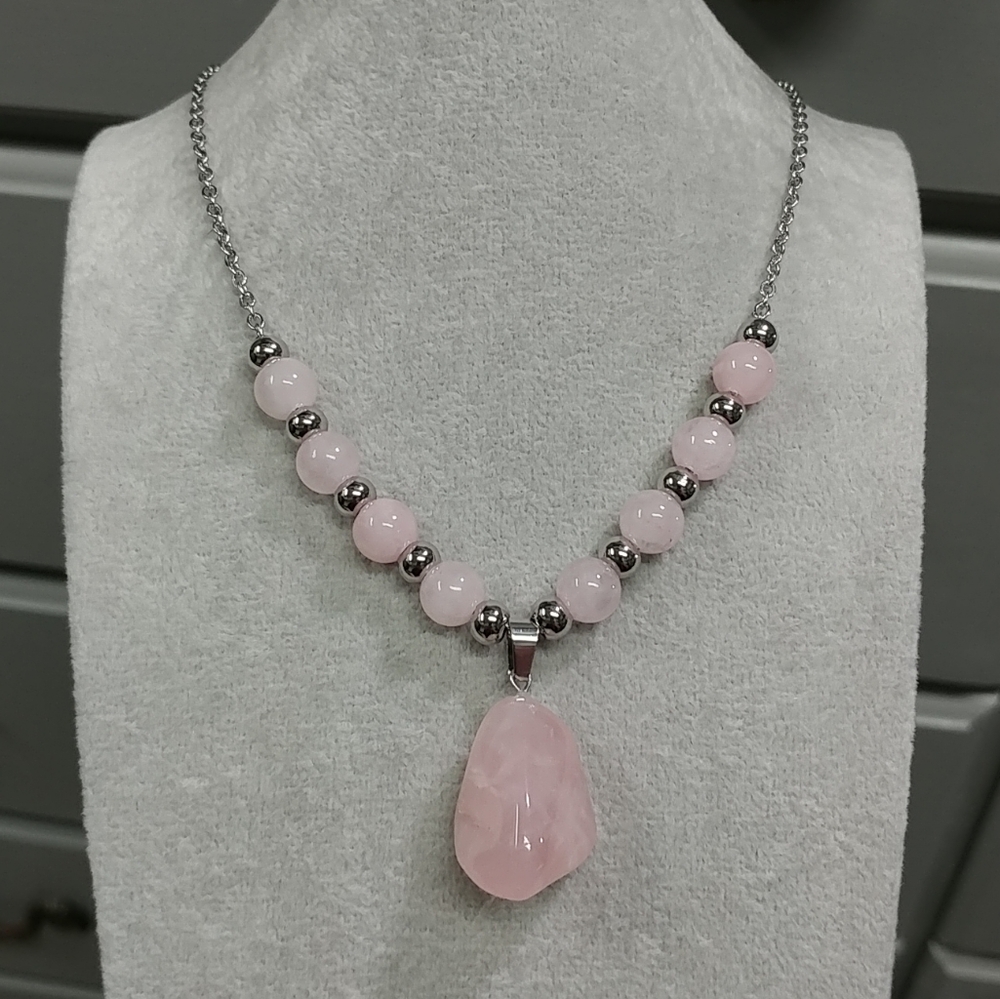 Rose Quartz Beaded Necklace Natural Gemstone Crystal Pendant Stainless-Steel 20"